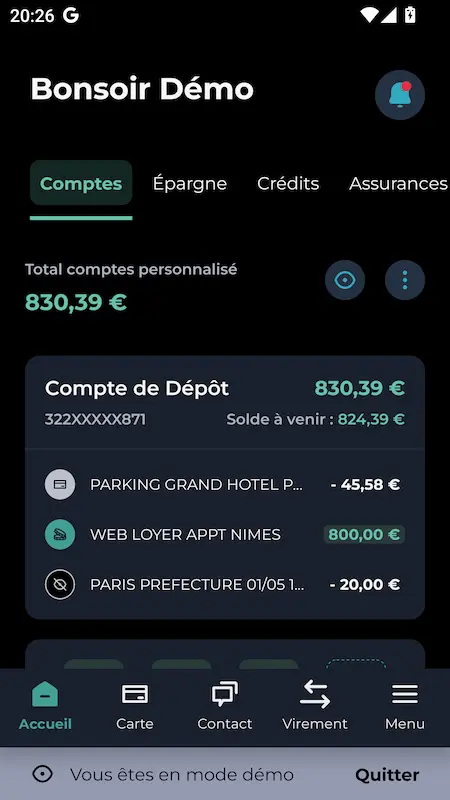 Capture d'écran de l'application Ma Banque sur Android