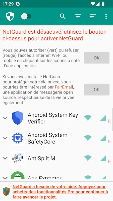 Capture d'écran de l'application NetGuard sur Android